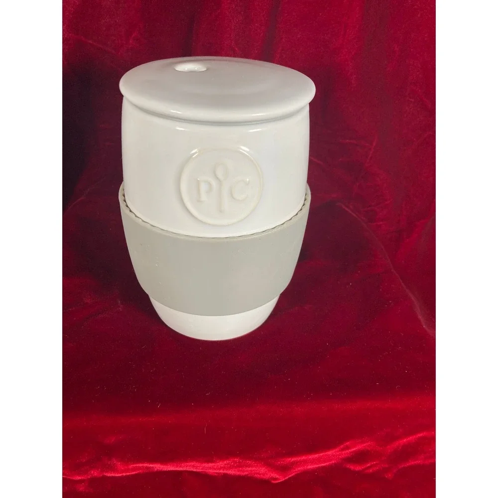 Pampered Chef Ceramic Egg Cooker White with Gray Silicone Sleeve 1529